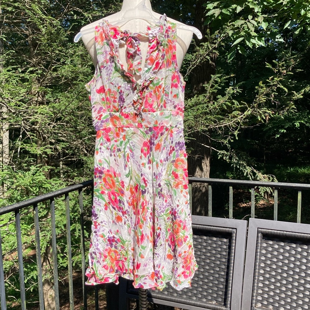 Donna Ricco zipper on back tie up top 100% silk floral v-neck dress sz. 2P